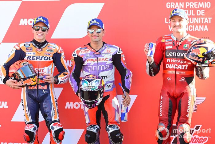 Top3 de la clasificación: segundo Marc Márquez, Repsol Honda Team, ganador de la pole Jorge Martin, Pramac Racing , tercero Jack Miller, Ducati Team
