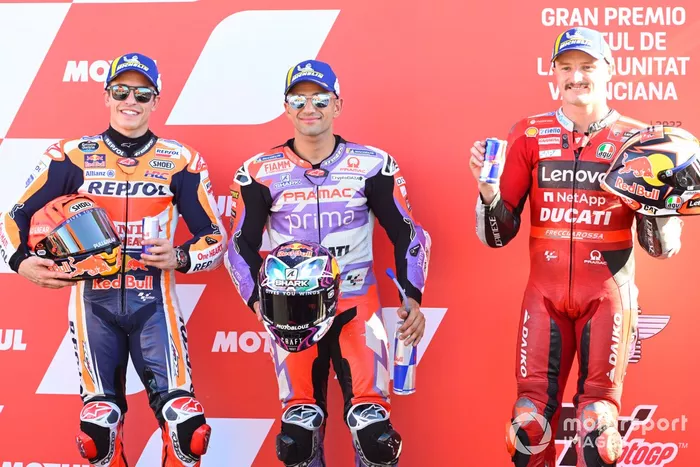 Top3 de la clasificación: segundo Marc Márquez, Repsol Honda Team, ganador de la pole Jorge Martin, Pramac Racing , tercero  Jack Miller, Ducati Team