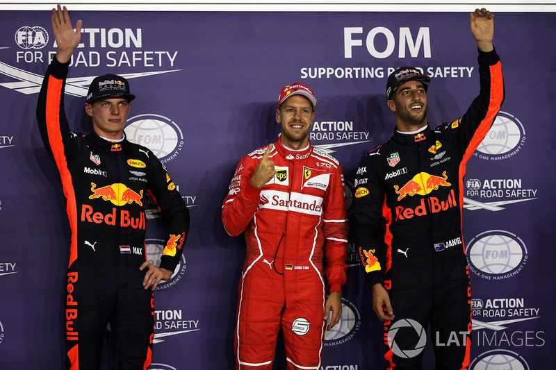 Polesitter Sebastian Vettel, Ferrari; 2. Max Verstappen, Red Bull Racing; 3. Daniel Ricciardo, Red B