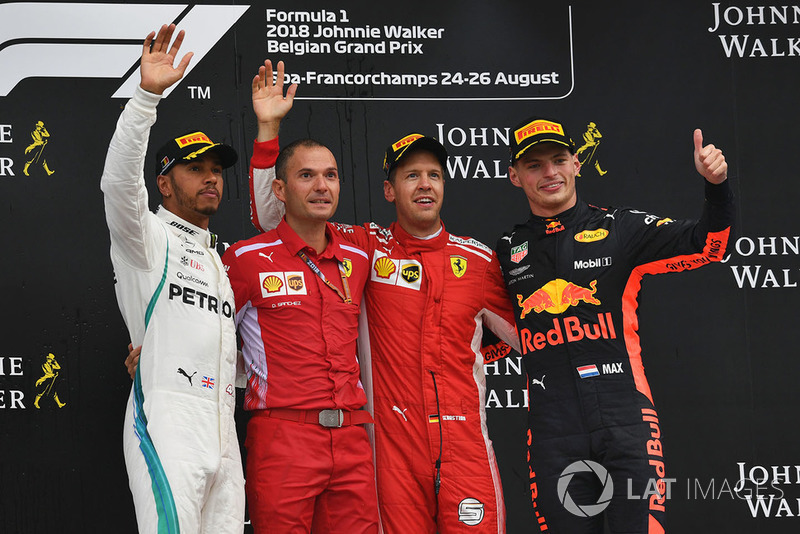 Lewis Hamilton, Mercedes AMG F1, David Sanchez, Ferrari, Sebastian Vettel, Ferrari and Max Verstappen, Red Bull Racing celebrate on the podium