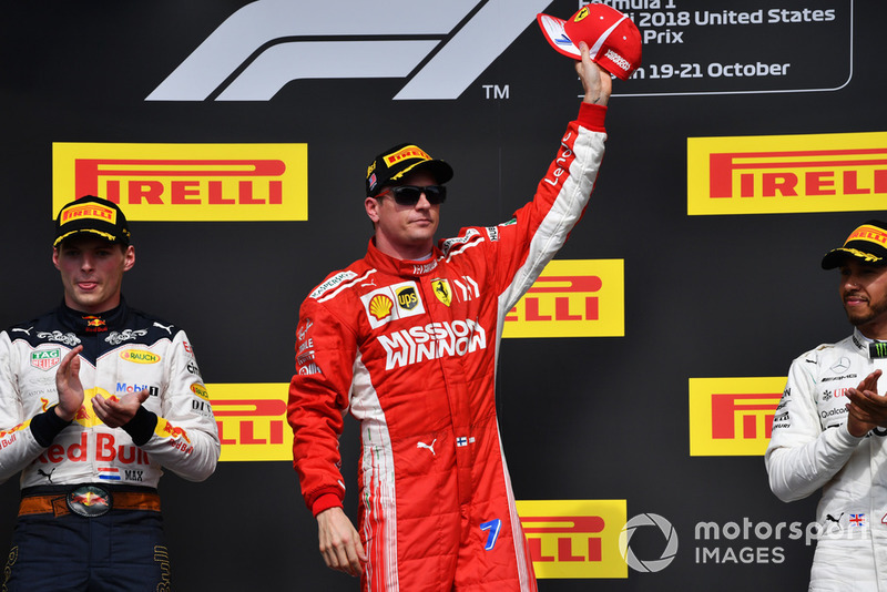 (L to R): Max Verstappen, Red Bull Racing, Kimi Raikkonen, Ferrari, and Lewis Hamilton, Mercedes AMG F1 celebrate on the podium