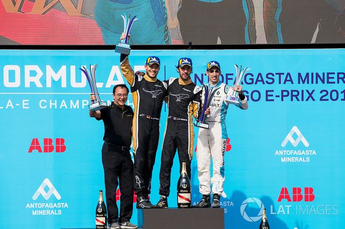 Jean-Eric Vergne, Techeetah, Andre Lotterer, Techeetah make up the first 1st 2nd finish in Formula E history with Sébastien Buemi, Renault e.Dams, in 3rd