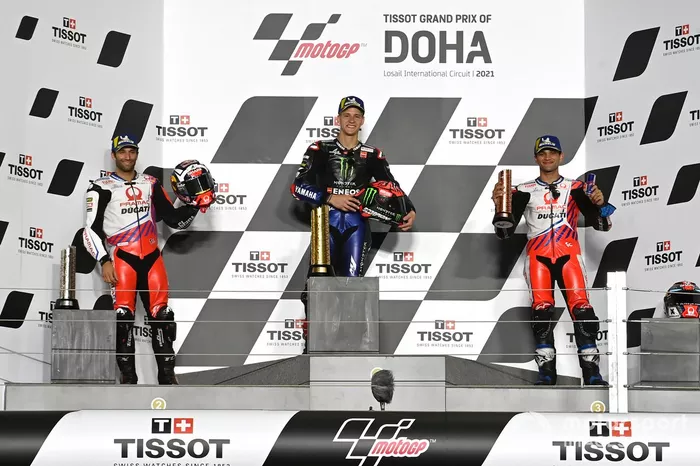 Podio: 1º Fabio Quartararo, Yamaha Factory Racing, 2º Johann Zarco, Pramac Racing, y 3º Jorge Martín, Pramac Racing