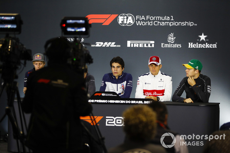 Brendon Hartley, Toro Rosso, Lance Stroll, Williams Racing, Marcus Ericsson, Sauber, and Stoffel Vandoorne, McLaren, are filmed in the Thursday drivers' press conference