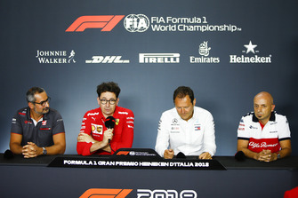 Ben Agathangelou, Head of Aerodynamics, Haas F1, Mattia Binotto, Chief Technical Officer, Ferrari, Aldo Costa, Engineering Director, Mercedes AMG, and Simone Resta, Technical Director, Sauber, in the Team Principals' Press Conference