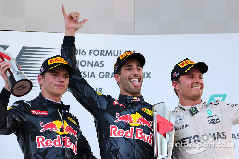 Podium: Second place Max Verstappen, Red Bull Racing, race winner Daniel Ricciardo, Red Bull Racing and third place Nico Rosberg, Mercedes AMG F1 Team