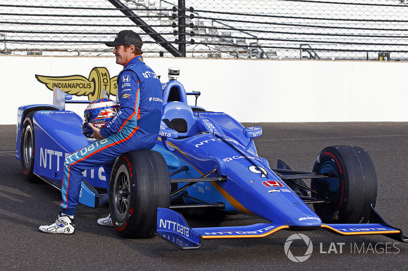 Scott Dixon, Chip Ganassi Racing Honda poses for front row photos at