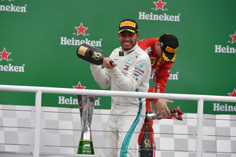 Lewis Hamilton, Mercedes AMG F1 celebrates on the podium with the champagne
