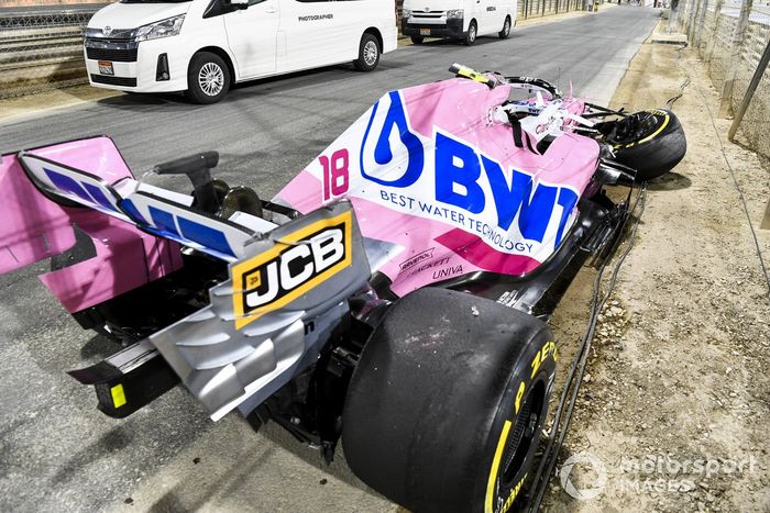 The damaged car of Lance Stroll, Racing Point RP20, after a crash with Daniil Kvyat, AlphaTauri AT01, resulted in the car overturning