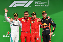 Valtteri Bottas, Mercedes-AMG F1, Sebastian Vettel, Ferrari et Max Verstappen, Red Bull Racing sur le podium