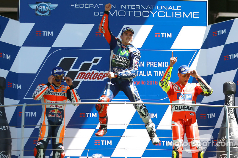 Podium: race winner Jorge Lorenzo, Yamaha Factory Racing, second place Marc Marquez, Repsol Honda Team, third place Andrea Iannone, Ducati Team