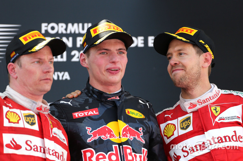 Kimi Räikkönen, Scuderia Ferrari; Max Verstappen, Red Bull Racing und Sebastian Vettel, Scuderia Fer