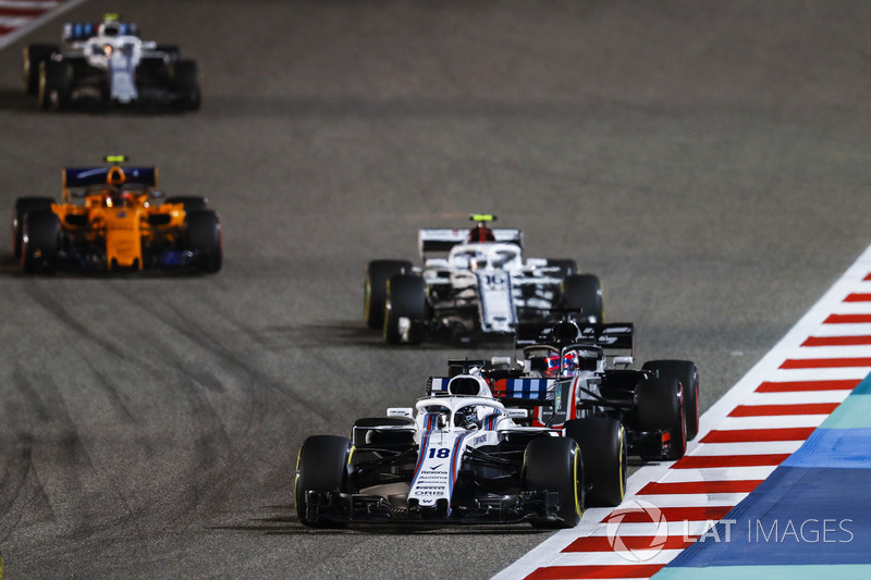 Lance Stroll, Williams FW41 Mercedes, Romain Grosjean, Haas F1 Team VF-18 Ferrari, Charles Leclerc, Sauber C37 Ferrari y Stoffel Vandoorne, McLaren MCL33 Renault