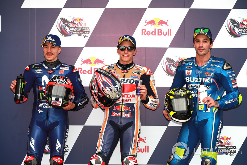 Top-drie na de kwalificatie: Maverick Viñales, Yamaha Factory Racing, Marc Marquez, Repsol Honda Tea