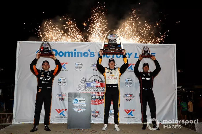 Josef Newgarden, Team Penske Chevrolet, Victory Lane, Patricio O'Ward, Arrow McLaren SP Chevrolet, Will Power, Team Penske Chevrolet
