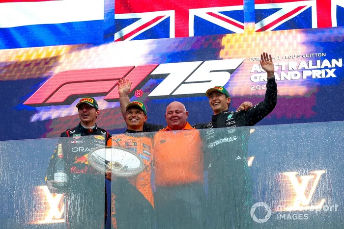 Lando Norris, McLaren, Max Verstappen, Red Bull Racing, George Russell, Mercedes