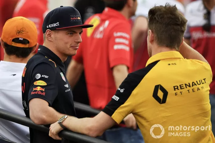 Max Verstappen, Red Bull Racing, and Nico Hulkenberg, Renault F1 Team