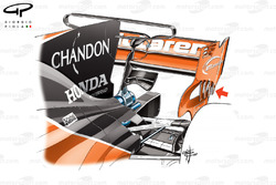 Détails du T-wing et des dérives d'aileron arrière de la McLaren MCL32