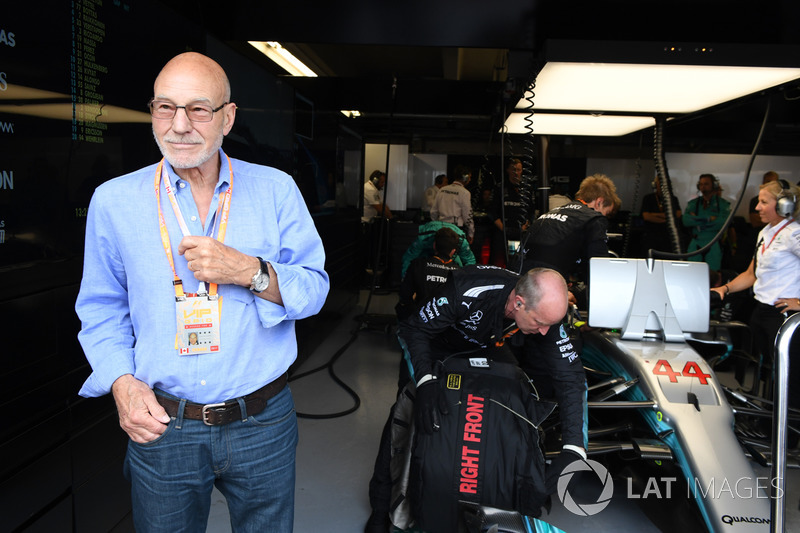 Patrick Stewart, in the Mercedes AMG F1 garage