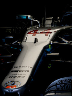 The car of Lewis Hamilton, Mercedes-Benz F1 W08 in the garage