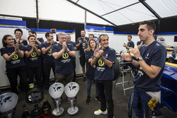 Sebastien Buemi, Renault e.Dams with Alain Prost and team celebrate in the garage