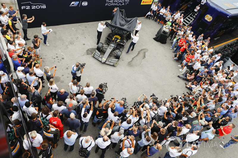 The new 2018 F2 car is unveiled in the paddock