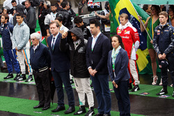 Lewis Hamilton, Mercedes AMG F1 and Bernie Ecclestone, as the grid observes the national anthem