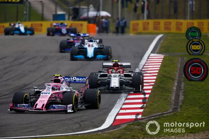 Lance Stroll, Racing Point RP19, Antonio Giovinazzi, Alfa Romeo Racing C38, George Russell, Williams Racing FW42, y Daniil Kvyat, Toro Rosso STR14