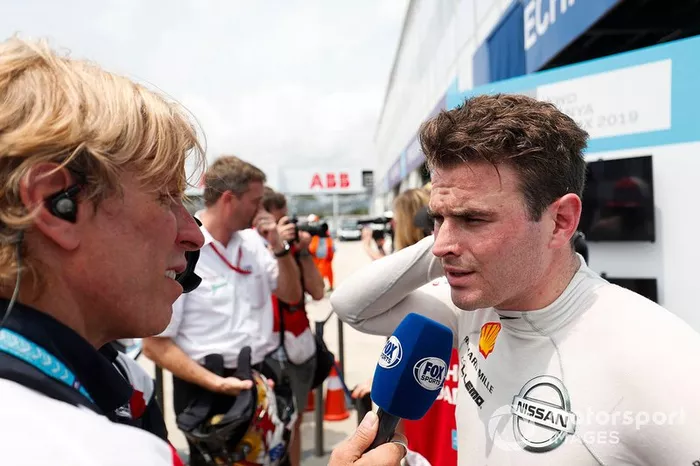 Oliver Rowland, Nissan e.Dams, talks to the press after taking his maiden pole position 