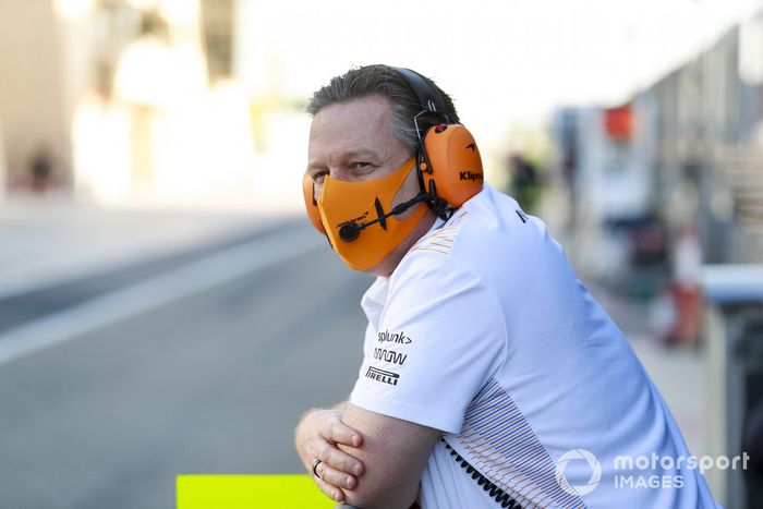 Zak Brown, CEO, McLaren Racing on the pit wall