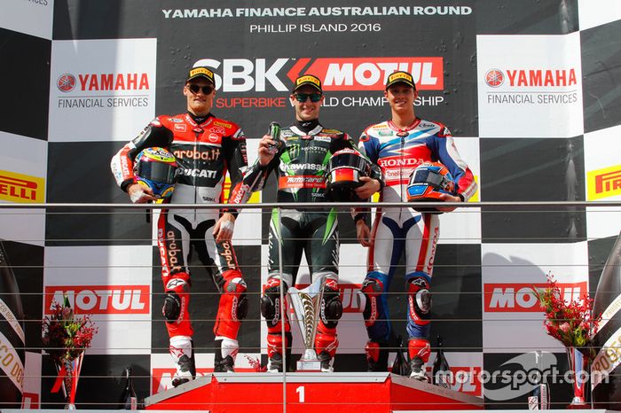 Podium race1: second place Chaz Davies, Aruba.it Racing - Ducati Team, first place Jonathan Rea, Kawasaki Racing Team, third place MIchael Van der Mark, Honda WSBK Team