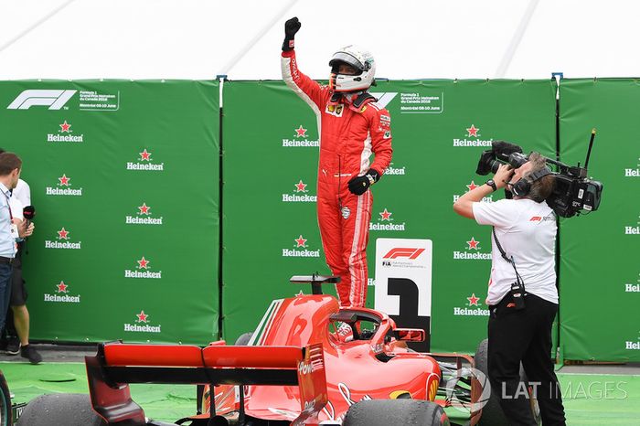 Sebastian Vettel, Ferrari SF71H celebra su triunfo en Canadá en parc ferme