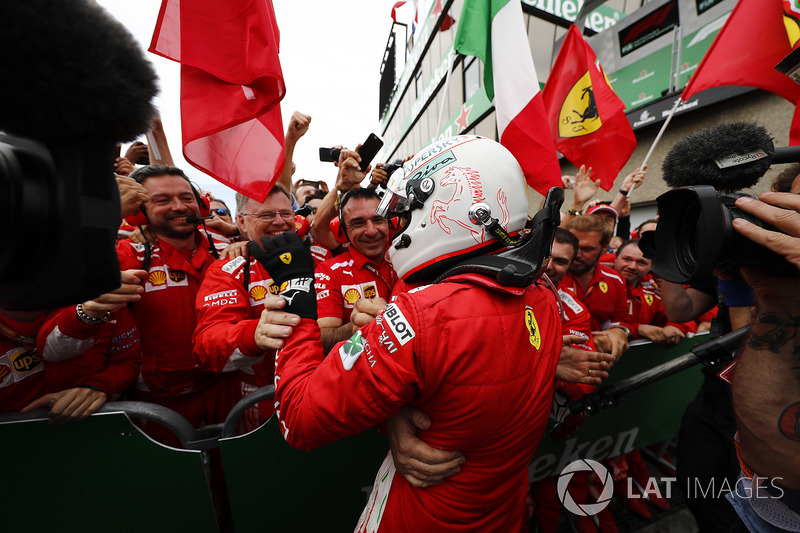 Sebastian Vettel, Ferrari, 1st position, celebrates in Parc Ferme with his team