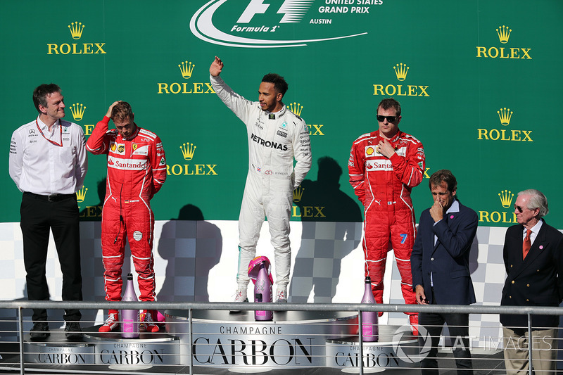 17º Podio del GP de Estados Unidos 2017 - 2º Sebastian Vettel, Ferrari; 1º Lewis Hamilton, Mercedes; 3º Kimi Raikkonen, Ferrari