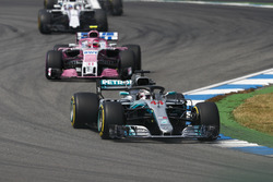 Lewis Hamilton, Mercedes AMG F1 W09, leads Esteban Ocon, Force India VJM11