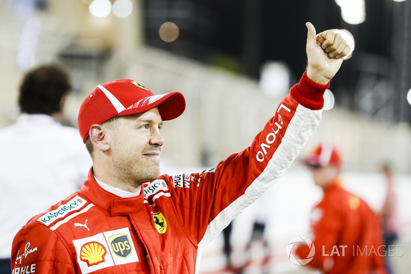 Sebastian Vettel, Ferrari, celebrates pole after Qualifying