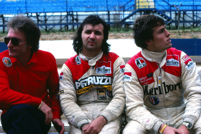 Gerard Ducarouge, Alfa Romeo Team Manager, Bruno Giacomelli and Alfa Romeo teammate Andrea de Cesaris