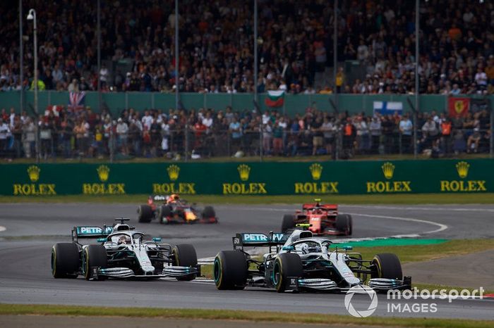 Valtteri Bottas, Mercedes AMG W10, leads Lewis Hamilton, Mercedes AMG F1 W10