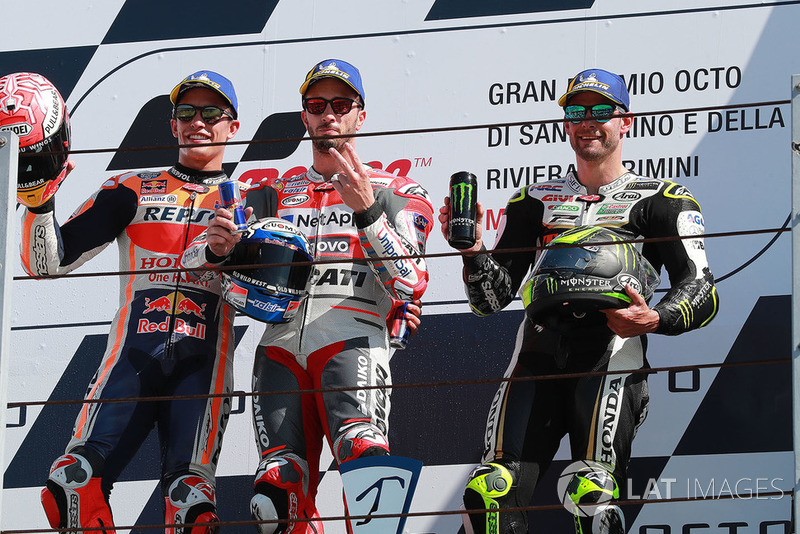 Podio: il vincitore della gara Andrea Dovizioso, Ducati Team, il secondo classificato Marc Marquez, Repsol Honda Team, il terzo classificato Cal Crutchlow, Team LCR Honda