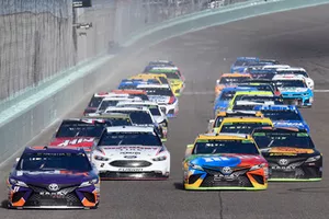 Denny Hamlin, Joe Gibbs Racing, Toyota Camry FedEx Express, Kyle Busch, Joe Gibbs Racing, Toyota Camry M&M's, Brad Keselowski, Team Penske, Ford Fusion Discount Tire, Martin Truex Jr., Furniture Row Racing, Toyota Camry Bass Pro Shops/5-hour ENERGY