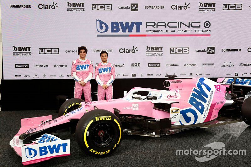 Sergio Pérez, Racing Point, Lance Stroll, con la nueva decoración del Racing Point