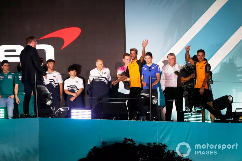 Daniel Ricciardo, McLaren, Lando Norris, McLaren, arrive on stage