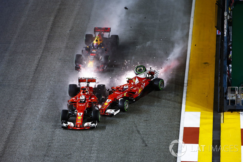 Verstappen foi jogado para cima de Raikkonen que acertou Vettel e danificou a lateral da Ferrari número 5.