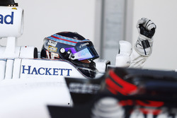 Lance Stroll, Williams, celebrates third place in parc ferme