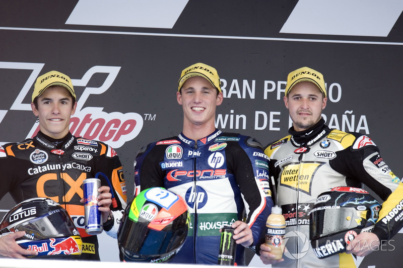 Podium: second place Marc Marquez, Race winner Pol Espargaro, third place Thomas Luthi