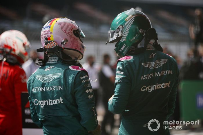 Sebastian Vettel, Aston Martin, Lance Stroll, Aston Martin, en Parc Ferme