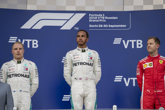 Second place Valtteri Bottas, Mercedes AMG F1 and Race winner Lewis Hamilton, Mercedes AMG F1 celebrate on the podium