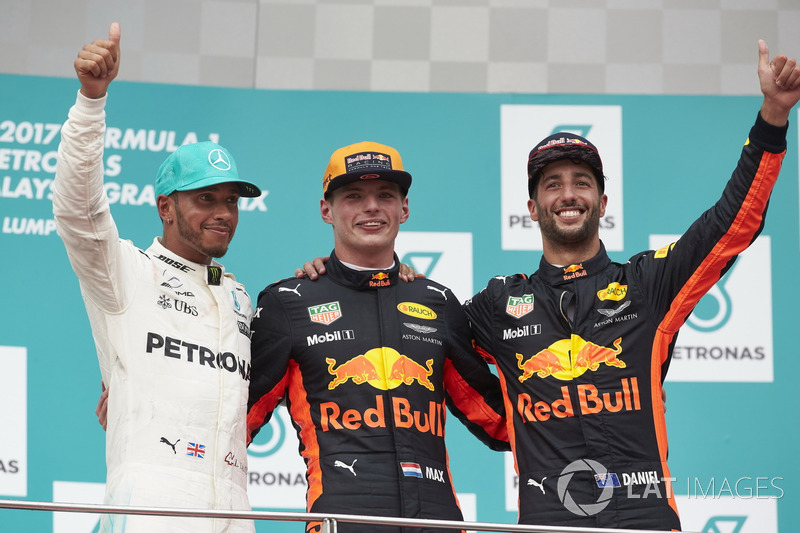 second place Lewis Hamilton, Mercedes AMG F1, Max Verstappen, Red Bull Racing, race winner, third place Daniel Ricciardo, Red Bull Racing