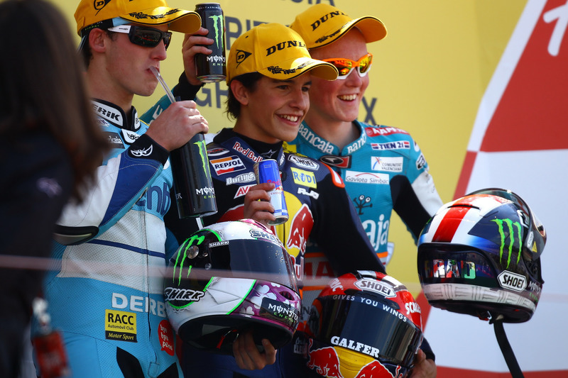 Le podium du GP de Grande-Bretagne 2010 de 125cc : Marc Márquez, Pol Espargaró, Bradley Smith
