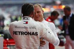 Race winner Lewis Hamilton, Mercedes AMG F1, and Valtteri Bottas, Mercedes AMG F1, celebrate in Parc Ferme